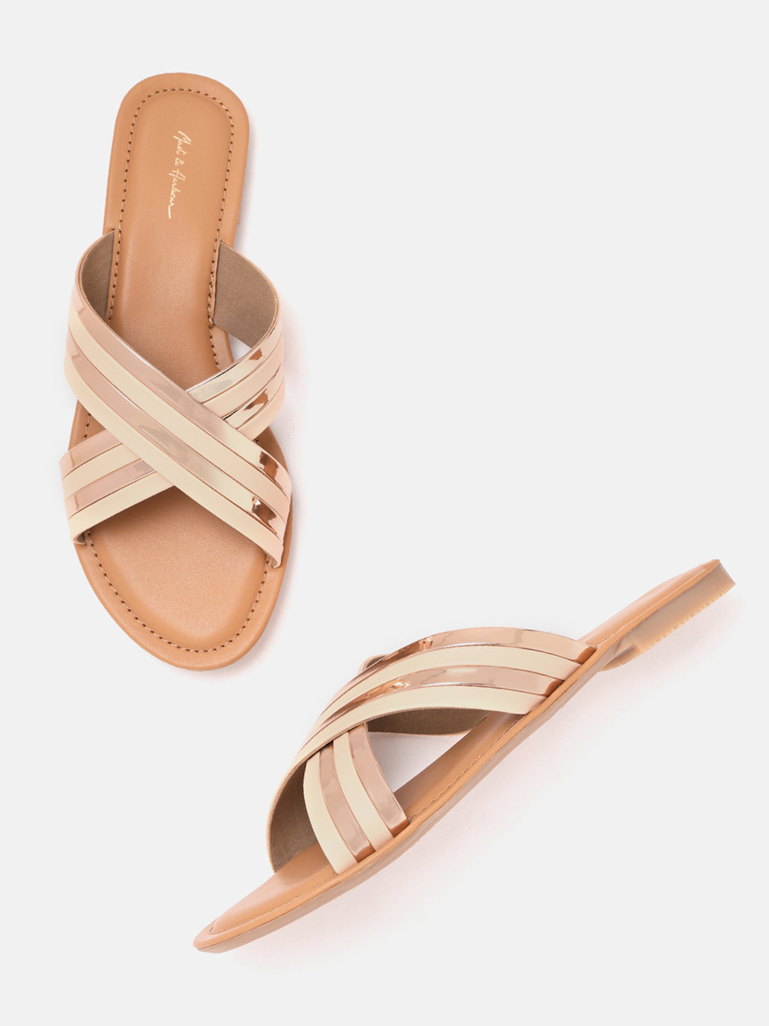 

Mast & Harbour Women Nude-Coloured & Rose Gold-Toned Striped Open Toe Flats