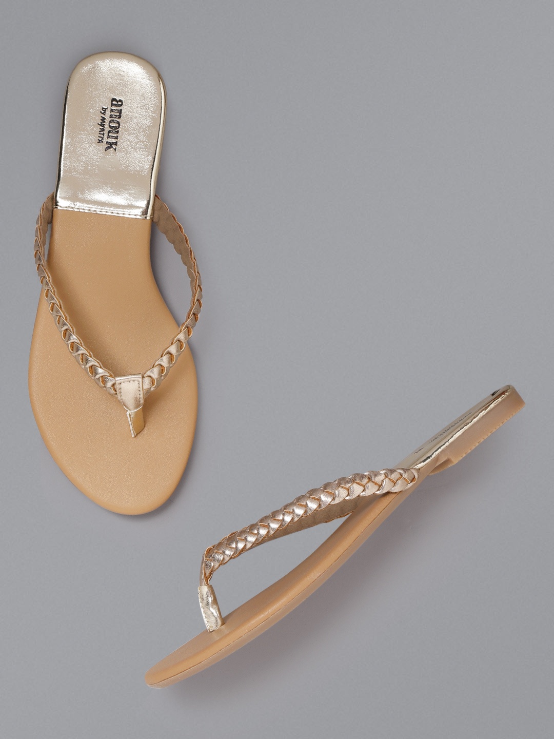 

Anouk Women Gold-Toned Woven Design Open Toe Flats