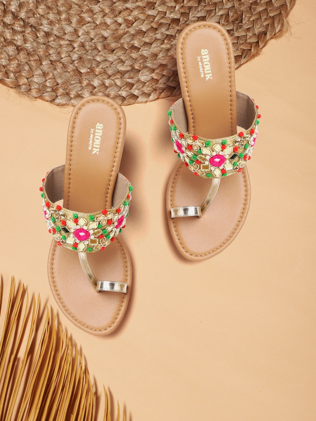 

Anouk Women Gold-Toned & Pink Embellished Wedges