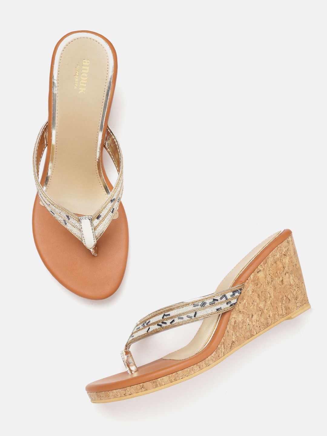 

Anouk Women Gold-Toned & White Embellished Wedges