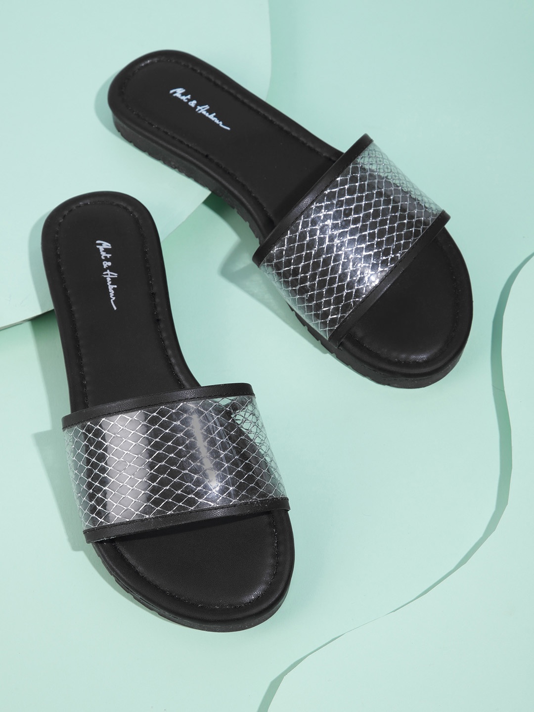 

Mast & Harbour Women Black Woven Design Open Toe Flats