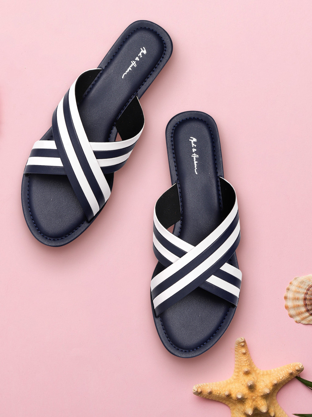 

Mast & Harbour Women Navy Blue & White Striped Open Toe Flats