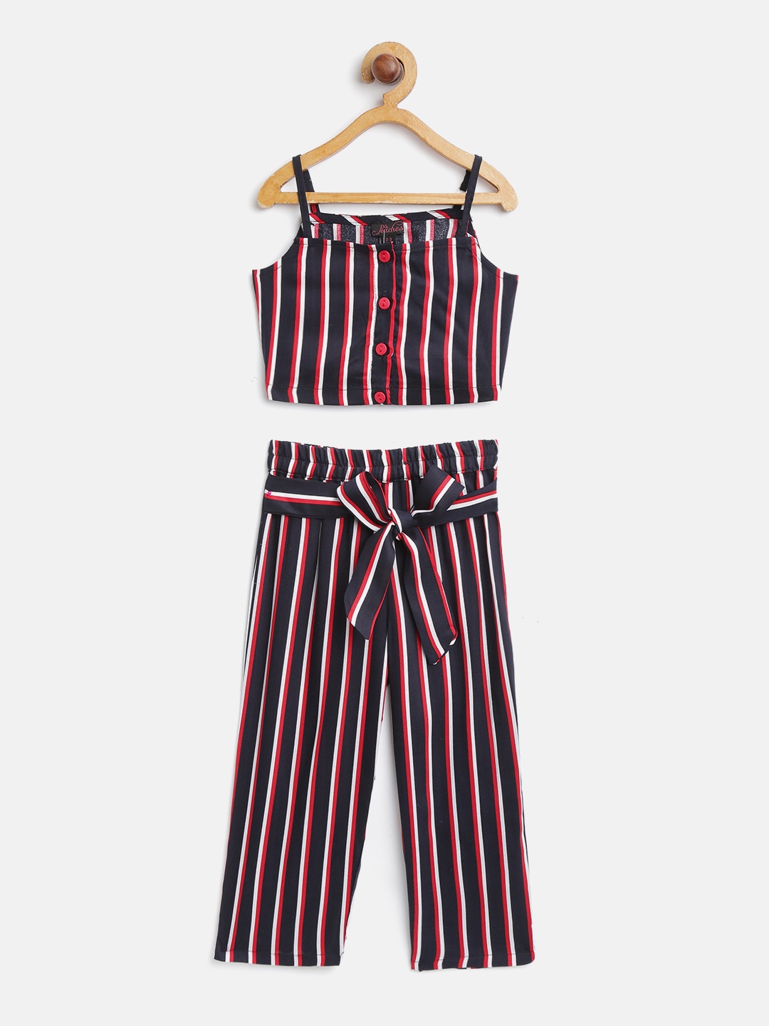 

pspeaches Girls Navy Blue & Red Striped Co-Ords Set