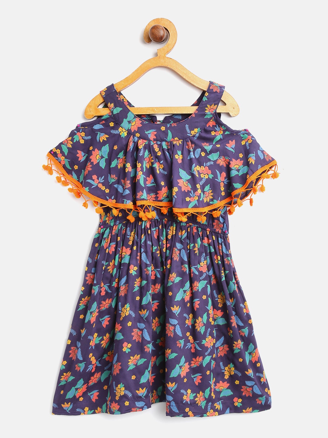 

pspeaches Girls Navy Blue & Orange Floral Printed Layered Cold-Shoulder Fit & Flare Dress