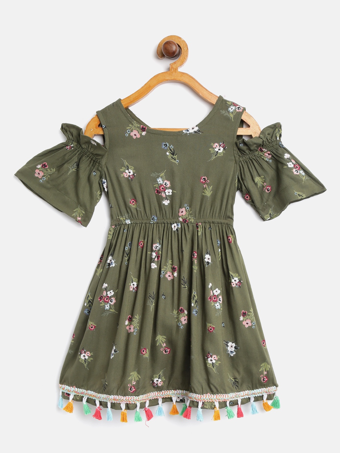 

pspeaches Girls Olive Green Floral Printed Cold-Shoulder Fit & Flare Dress