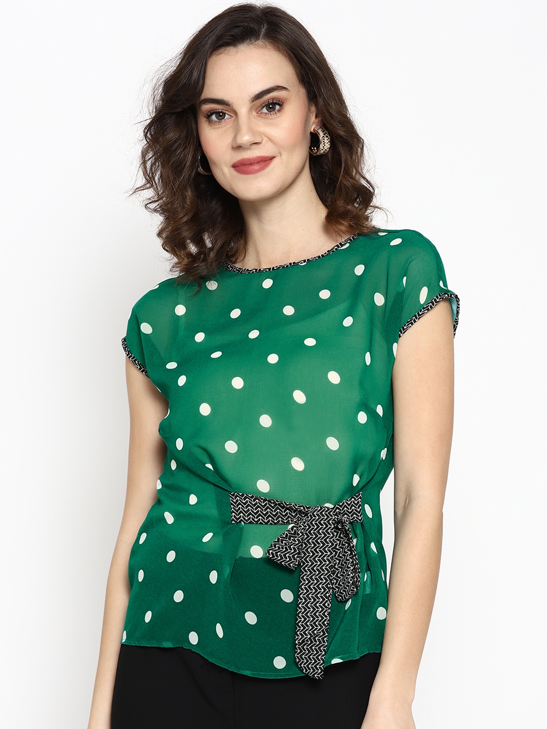 

SQew Women Green & Off White Polka Dot Top