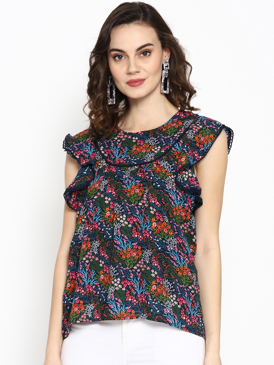 

SQew Women Navy Blue & Orange Floral Print Top