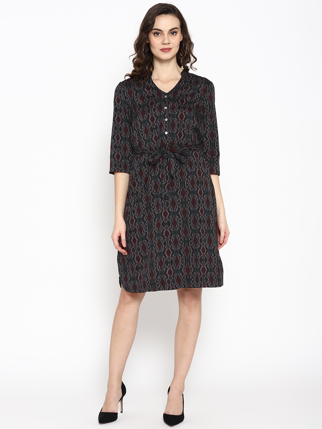 

SQew Women Black & Charcoal Grey Printed A-Line Dress With Belt