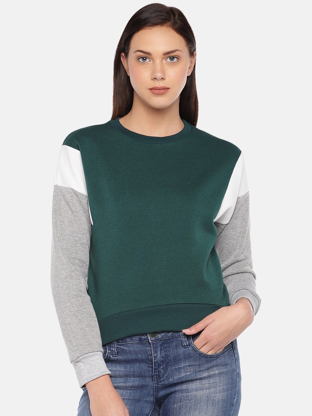 

London Rag Women Green & Grey Solid Sweatshirt