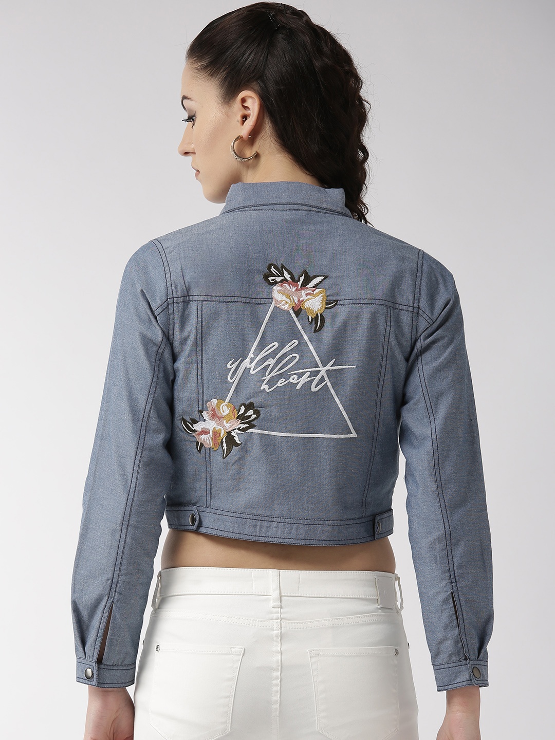 

QUIERO Women Blue Embroidered Back Chambray Crop Tailored Jacket