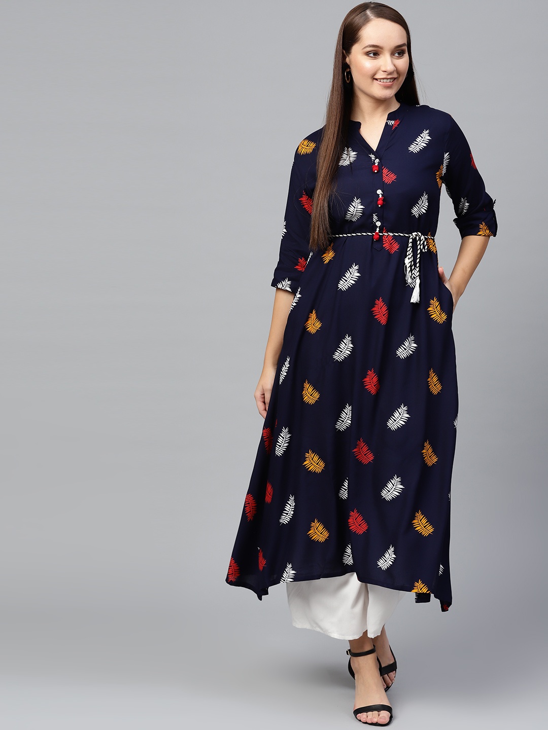 

Ishin Women Navy Blue & Red Block Print A-Line Kurta