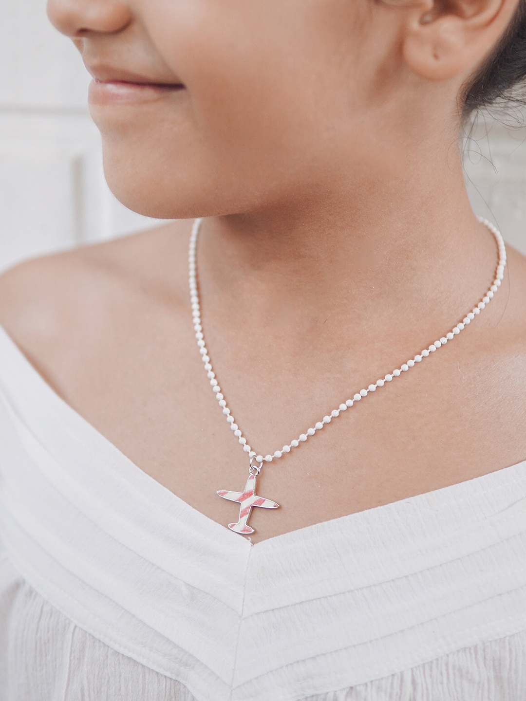 

lil'star Pink & White Enamelled Plane Pendant With Chain