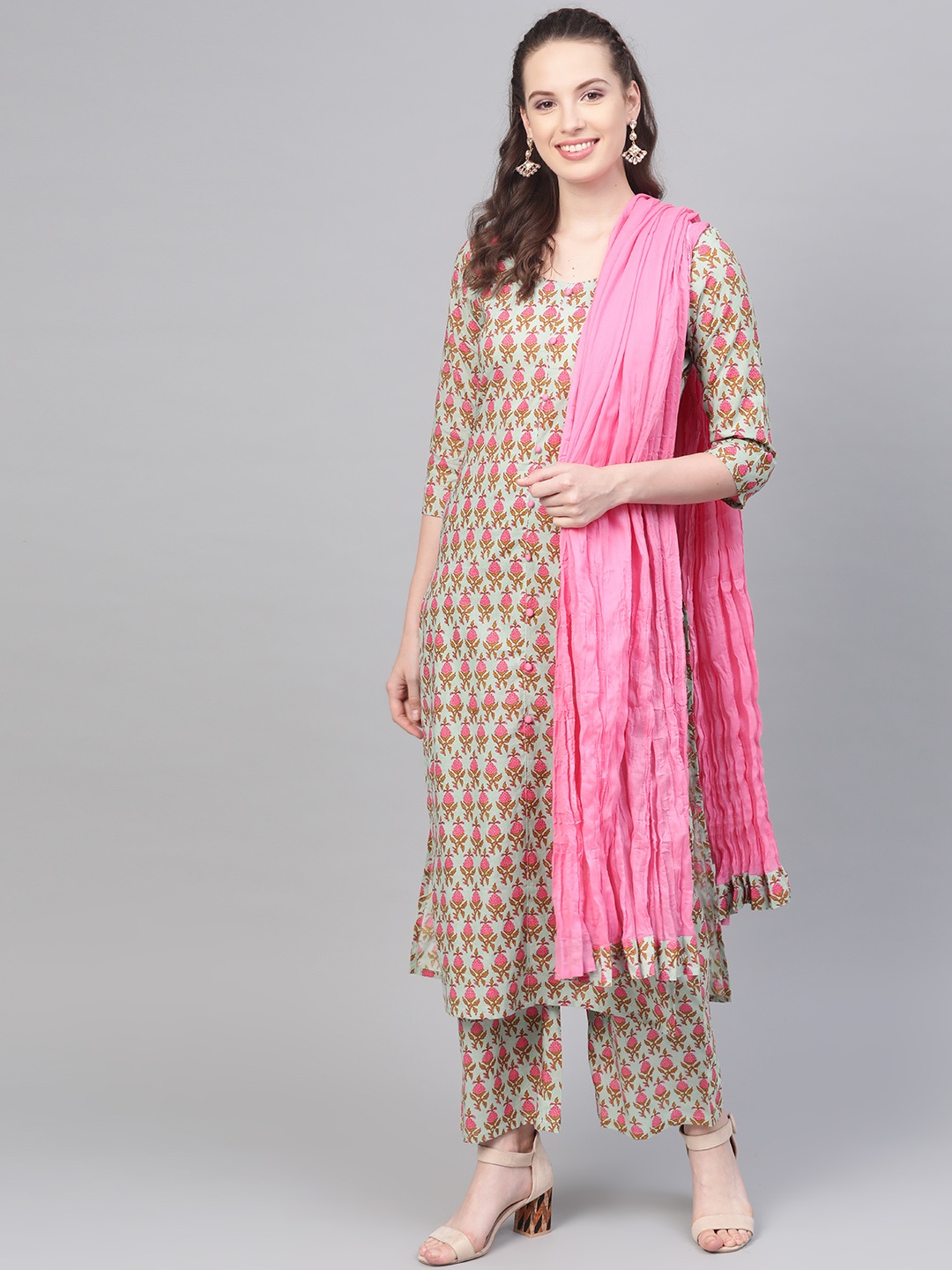 

Nayo Women Green & Pink Printed Kurta with Palazzos & Dupatta