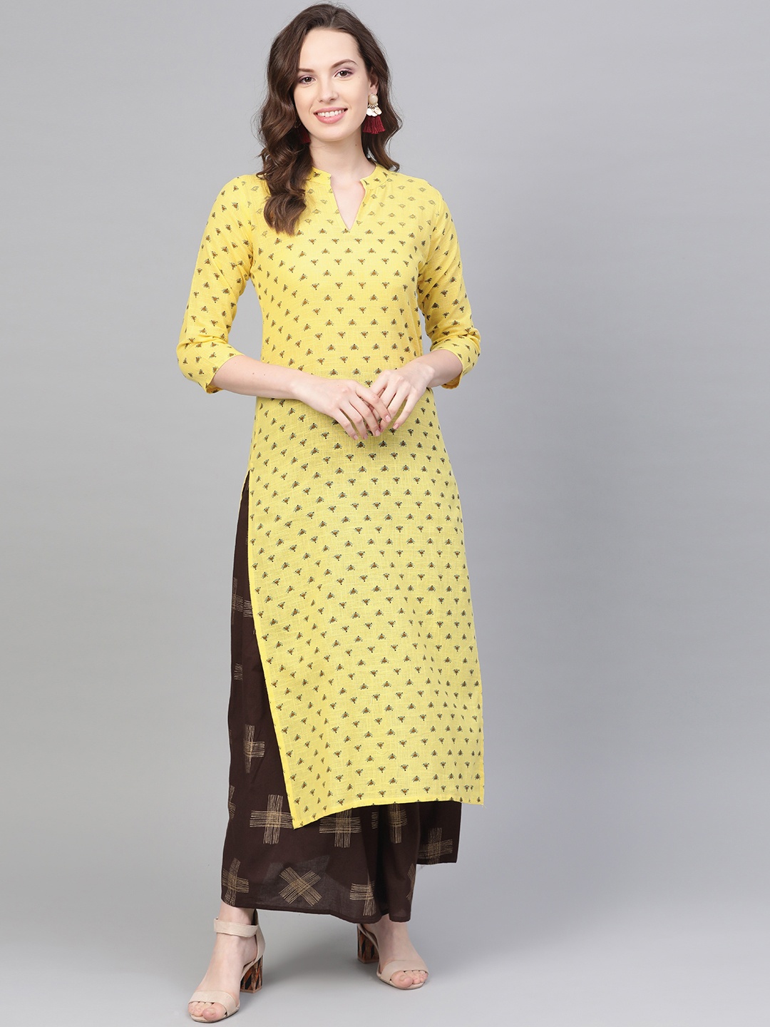 

Nayo Women Yellow & Coffee Brown Printed Kurta with Skirt