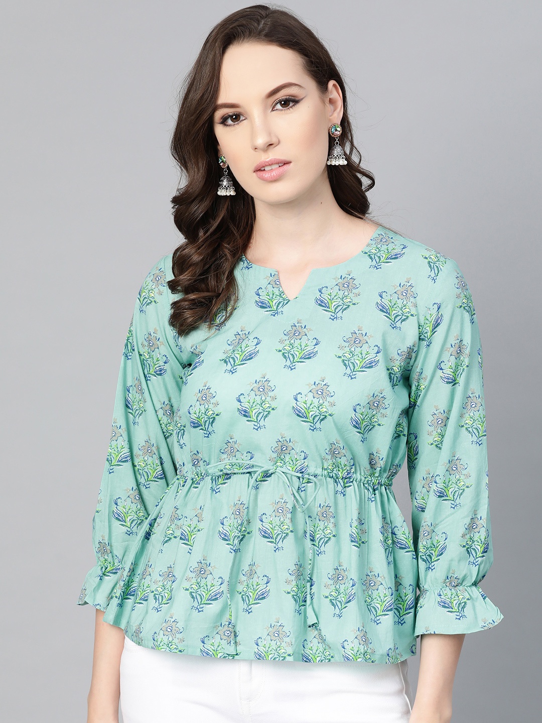 

Nayo Women Blue & Green Printed Cinched Waist Pure Cotton Top