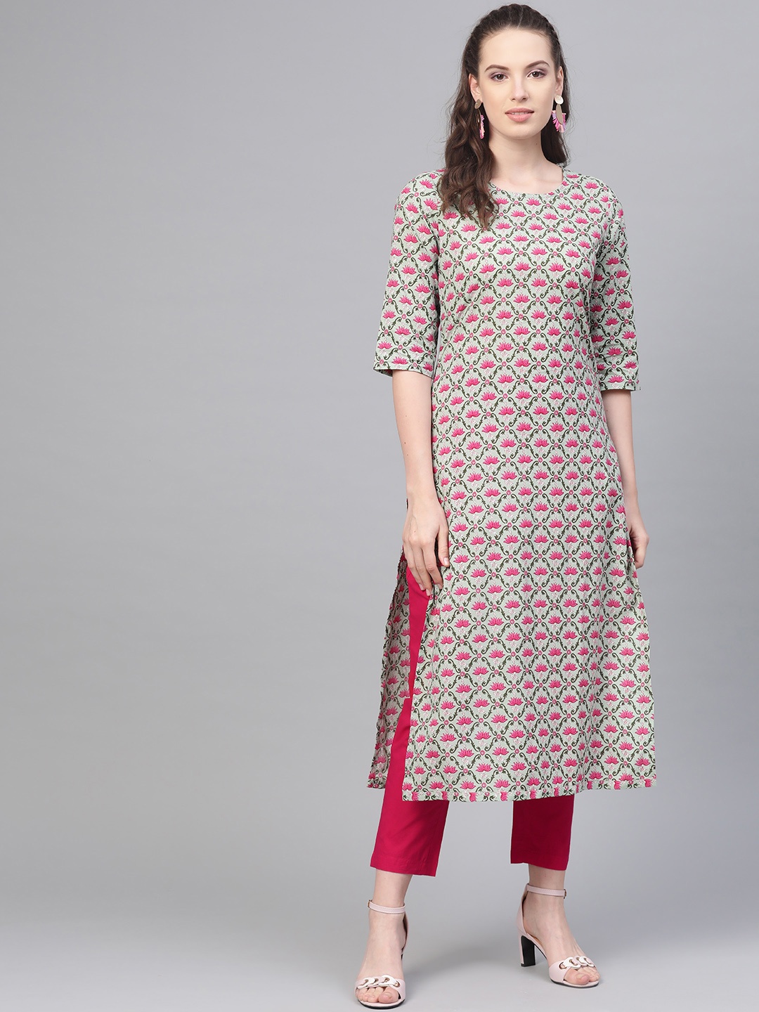 

Nayo Women Green & Pink Printed Kurta with Trousers