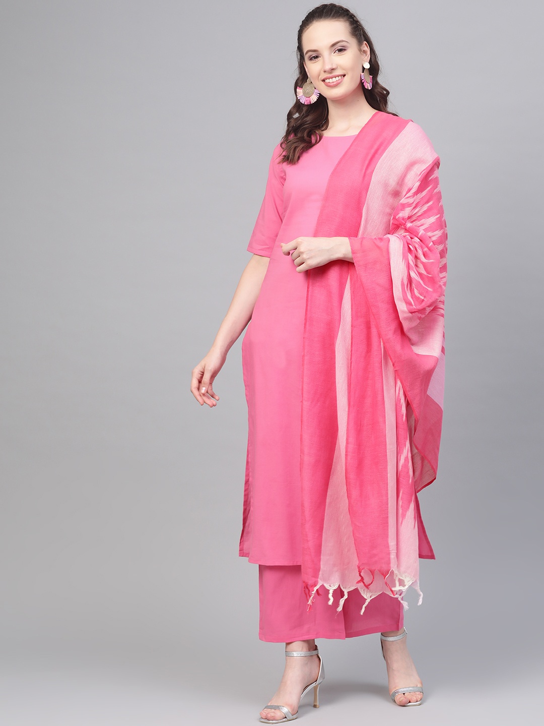 

Nayo Women Pink & Off-White Solid Kurta with Palazzos & Dupatta
