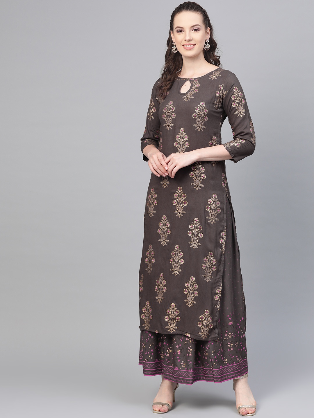 

Nayo Women Charcoal Grey & Golden Printed Kurta with Skirt