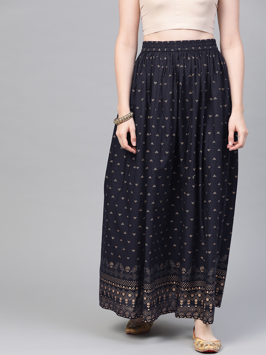 

Nayo Navy Blue Gold printed Flared Maxi Skirt