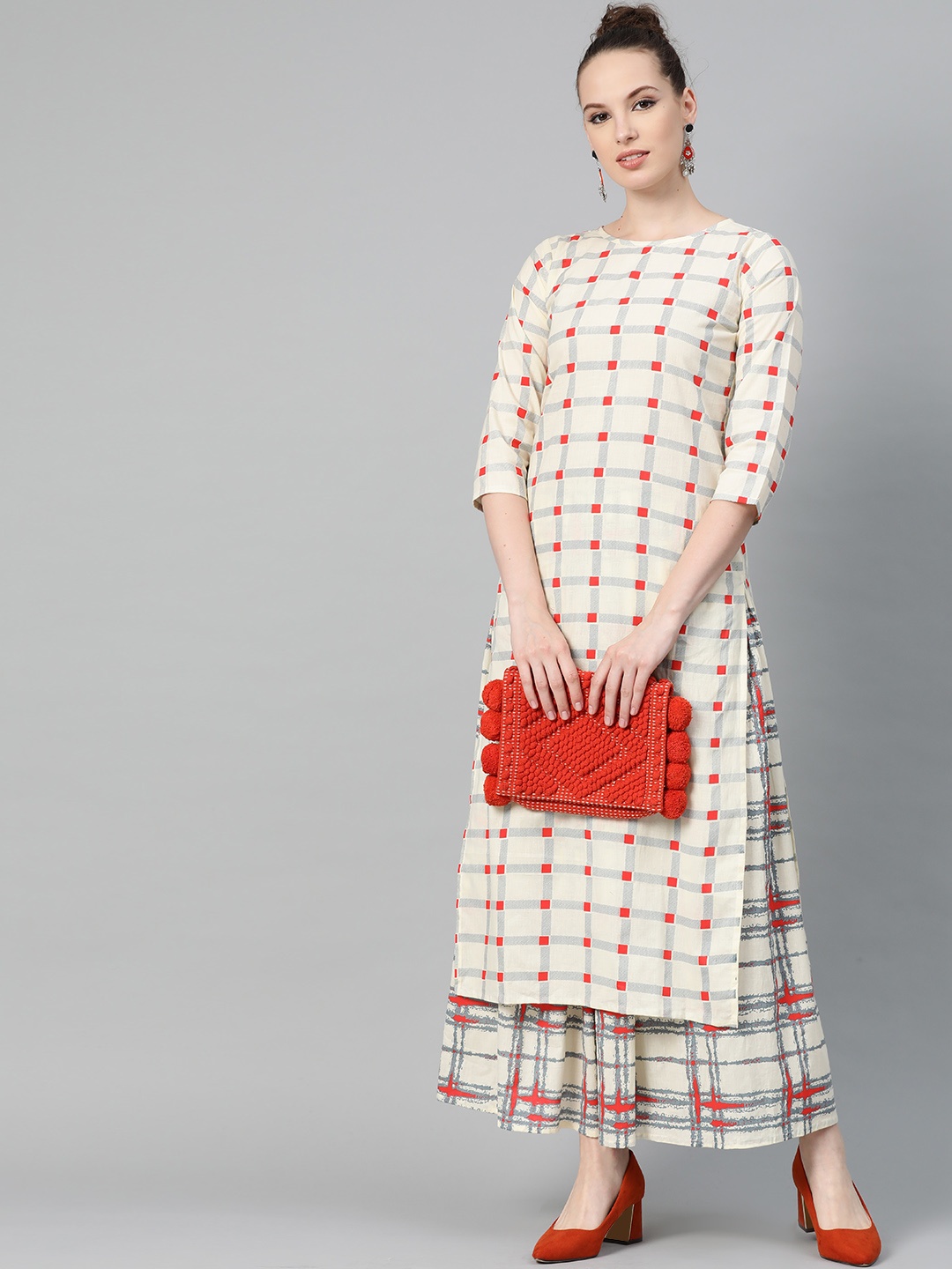

Nayo Women Cream-Coloured & Red Checked Kurta with Skirt
