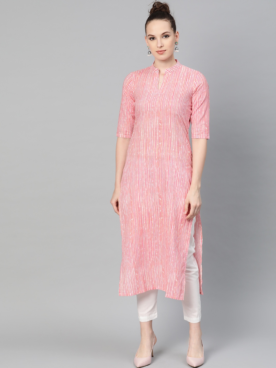 

Nayo Women Pink & White Striped Kurta with Trousers