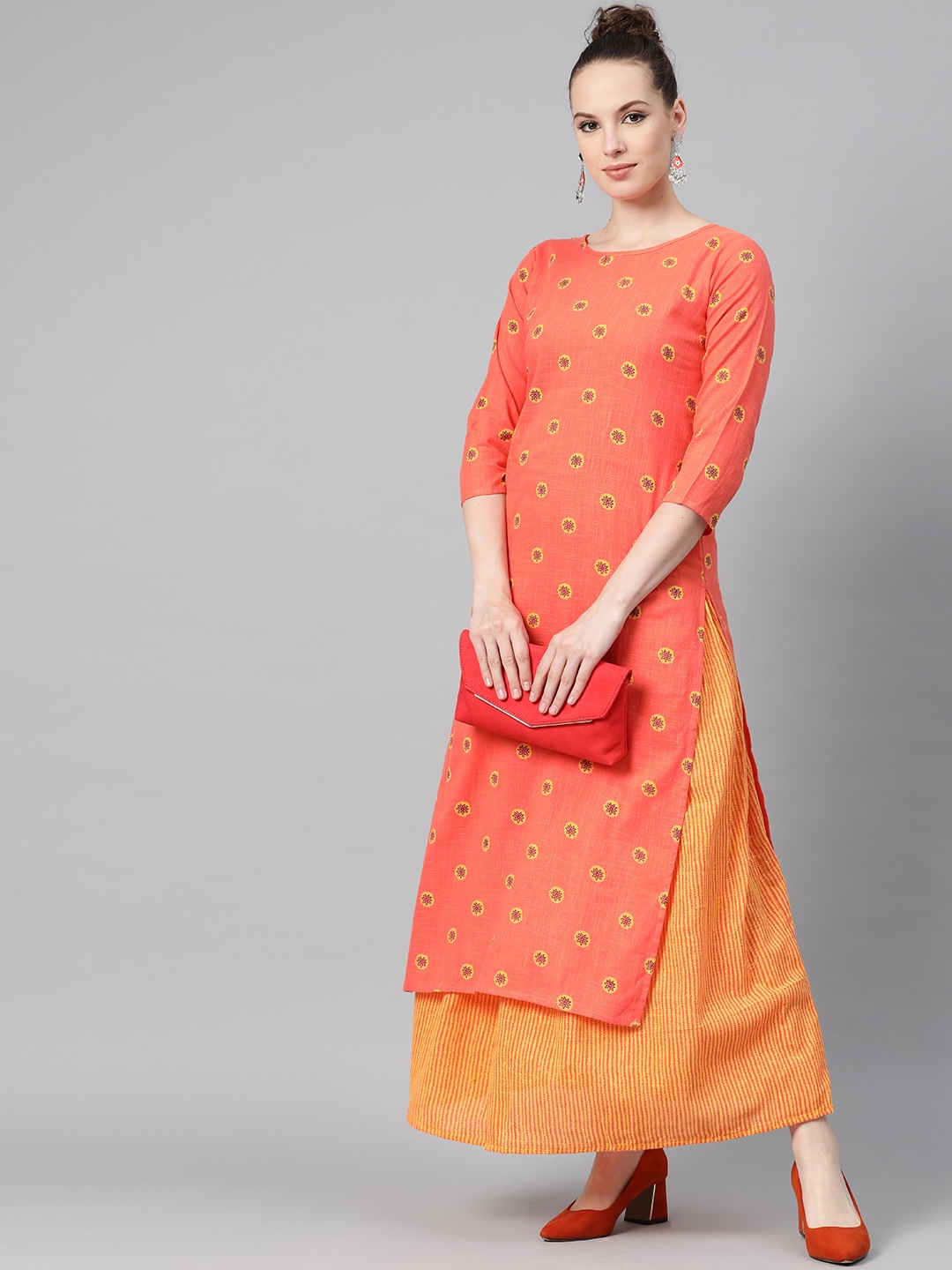 

Nayo Women Peach-Coloured & Yellow Printed Kurta with Skirt