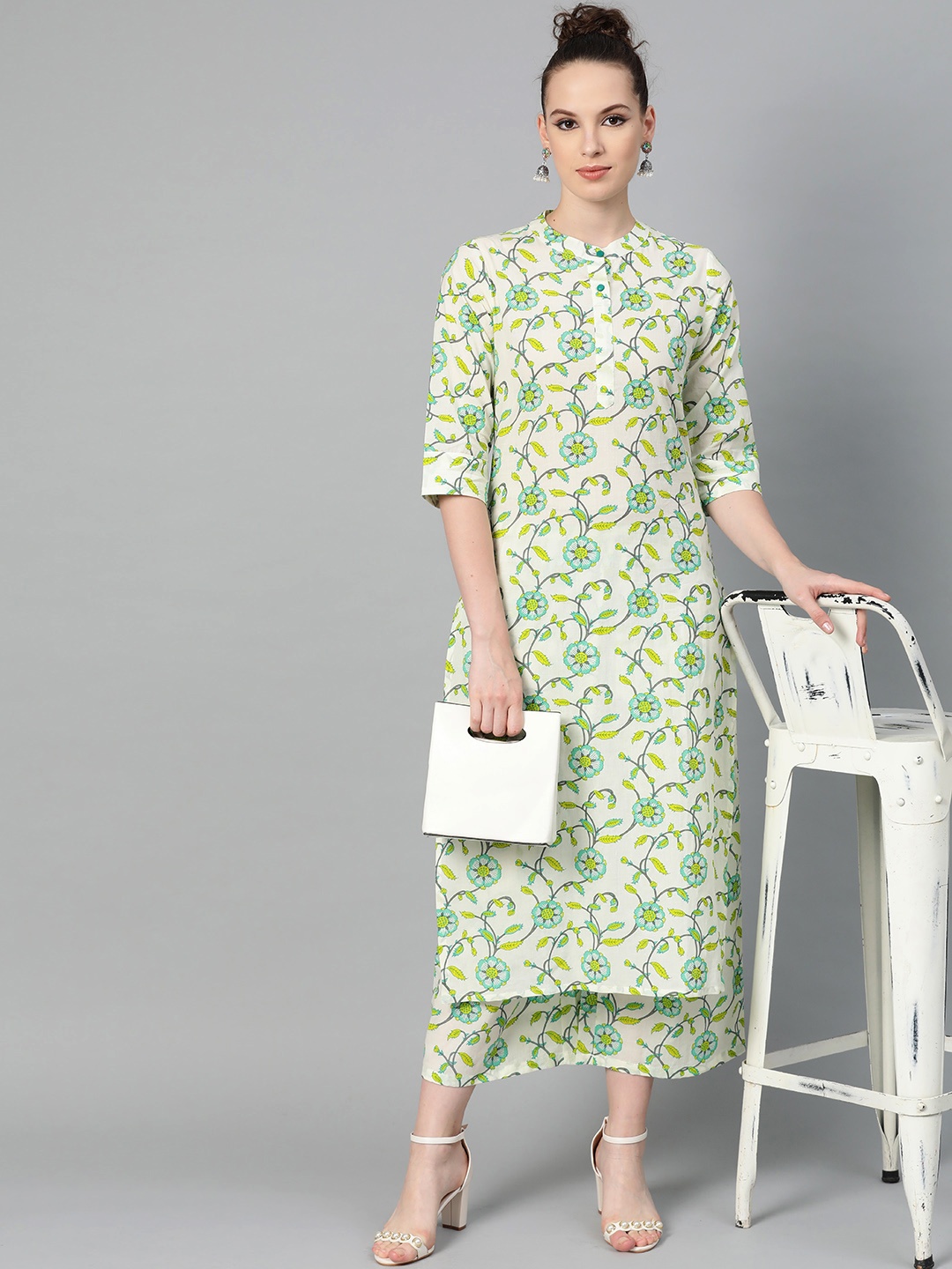 

Nayo Women Off-White & Green Printed Kurta with Palazzos