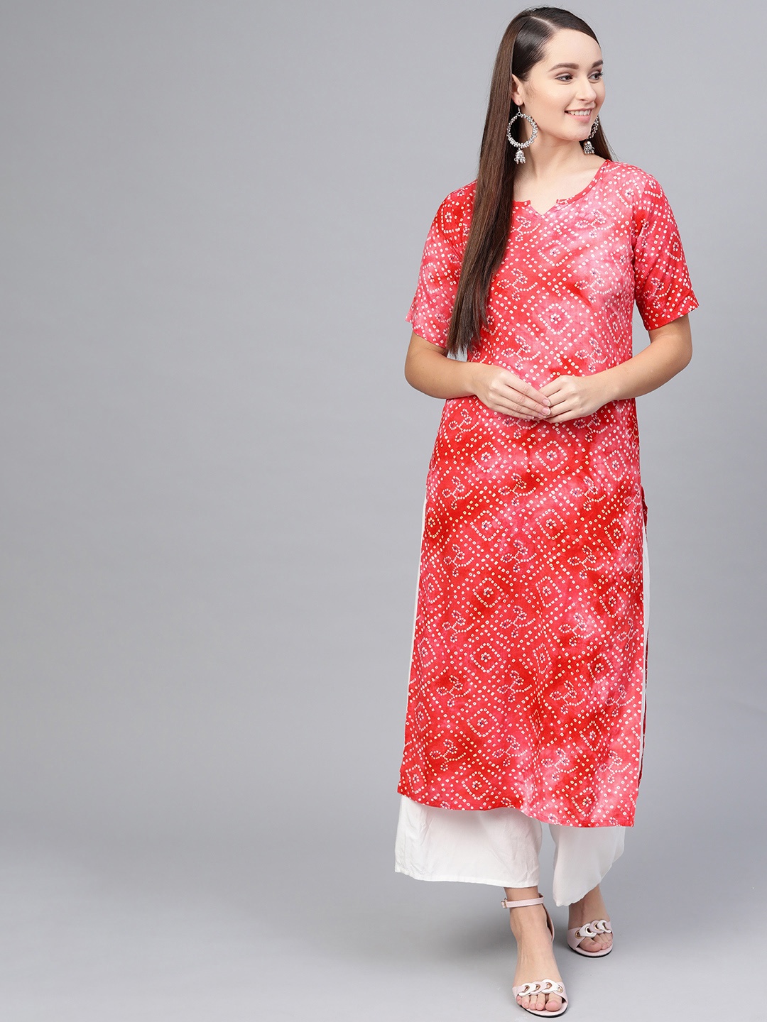 

AASI - HOUSE OF NAYO Women Red & Off-White Bandhani Print Straight Kurta