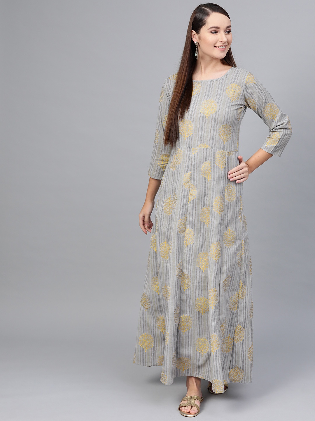 

AASI - HOUSE OF NAYO Women Grey & Golden Printed Maxi Dress