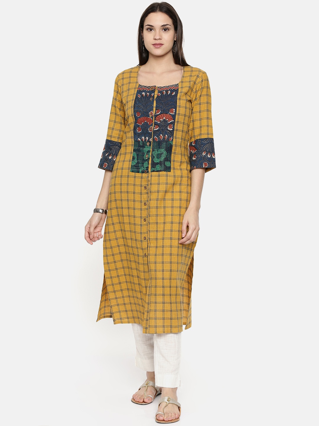 

araaliya Women Mustard Yellow & Navy Blue Checked A-Line Kurta