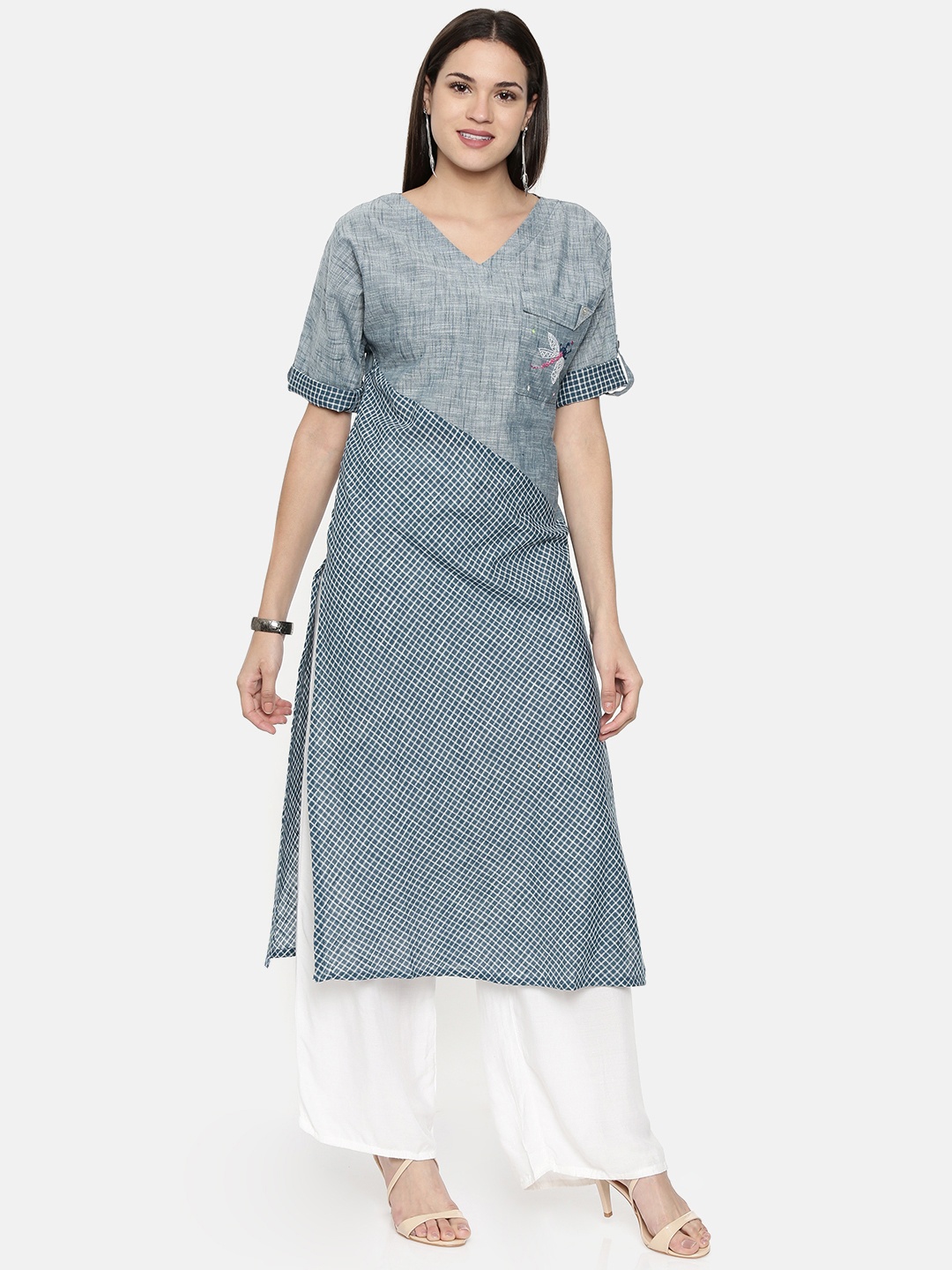 

araaliya Women Blue Checked Straight Kurta