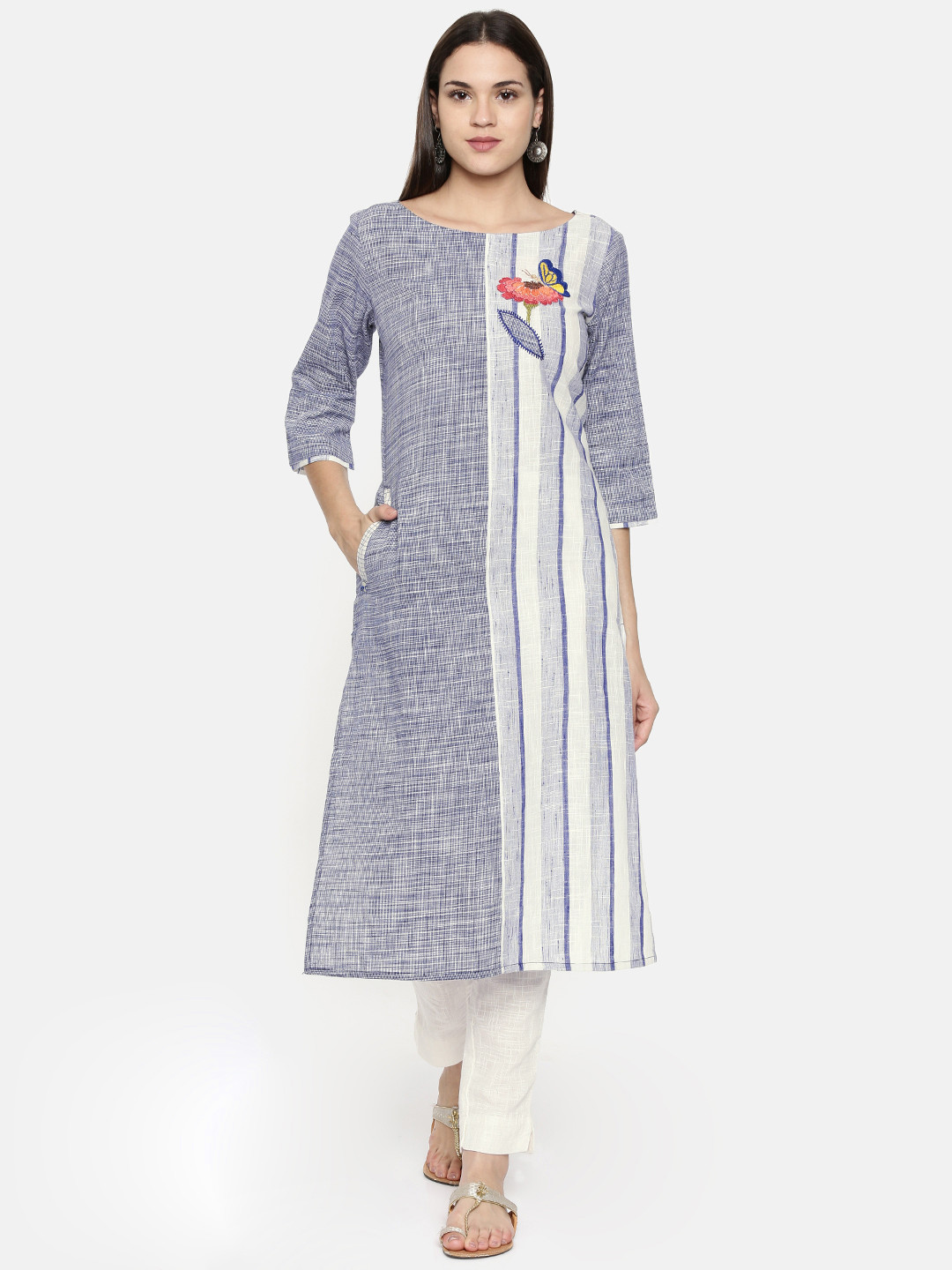 

araaliya Women Blue & White Woven Design with Quirky Embroidered Detail Straight Kurta
