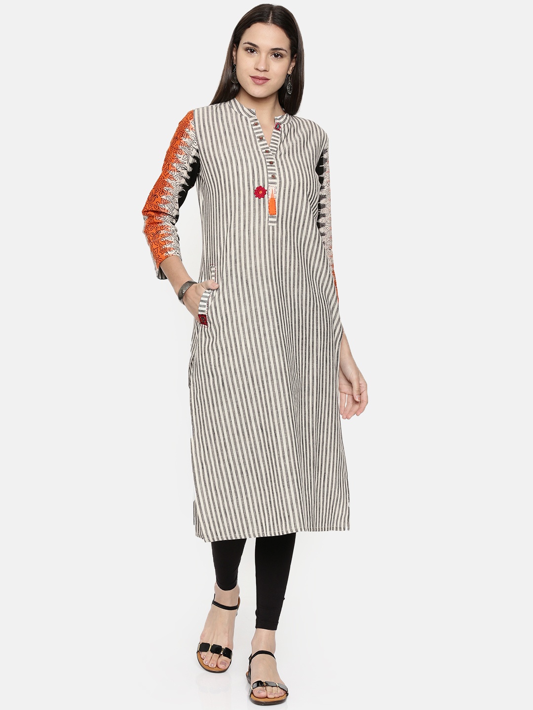 

araaliya Women White & Grey Striped Straight Kurta