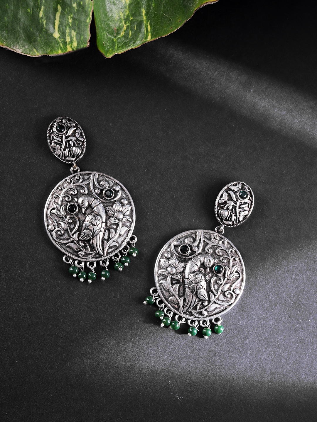 

FIROZA Oxidised Silver-Toned & Green Stone Studded & Beaded Circular Drop Earrings