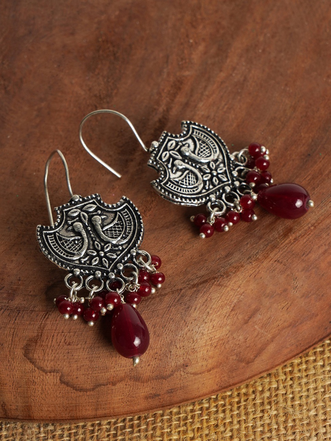 

FIROZA Oxidised Gunmetal-Toned & Burgundy German Silver Beaded Classic Drop Earrings, Metallic