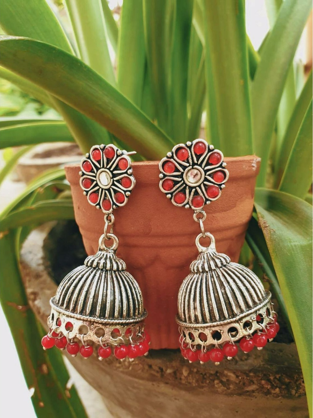 

FIROZA Oxidised Silver-Toned Stone Studded & Beaded German Silver Dome Shaped Jhumkas