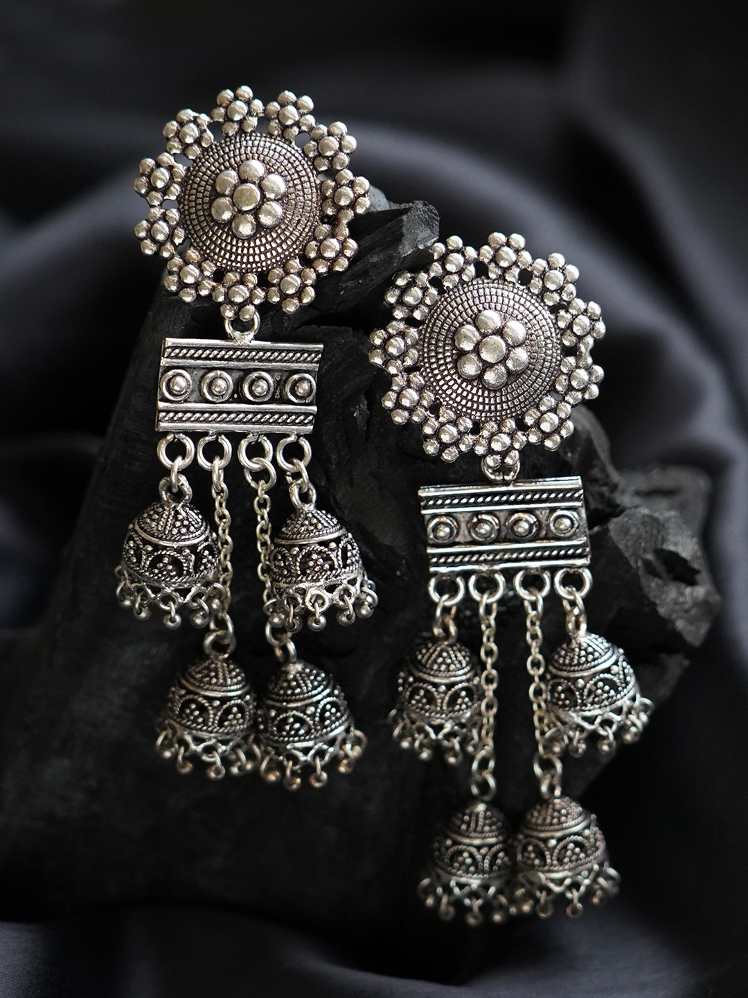 

FIROZA Oxidised German Silver Textured Dome Shaped Jhumkas
