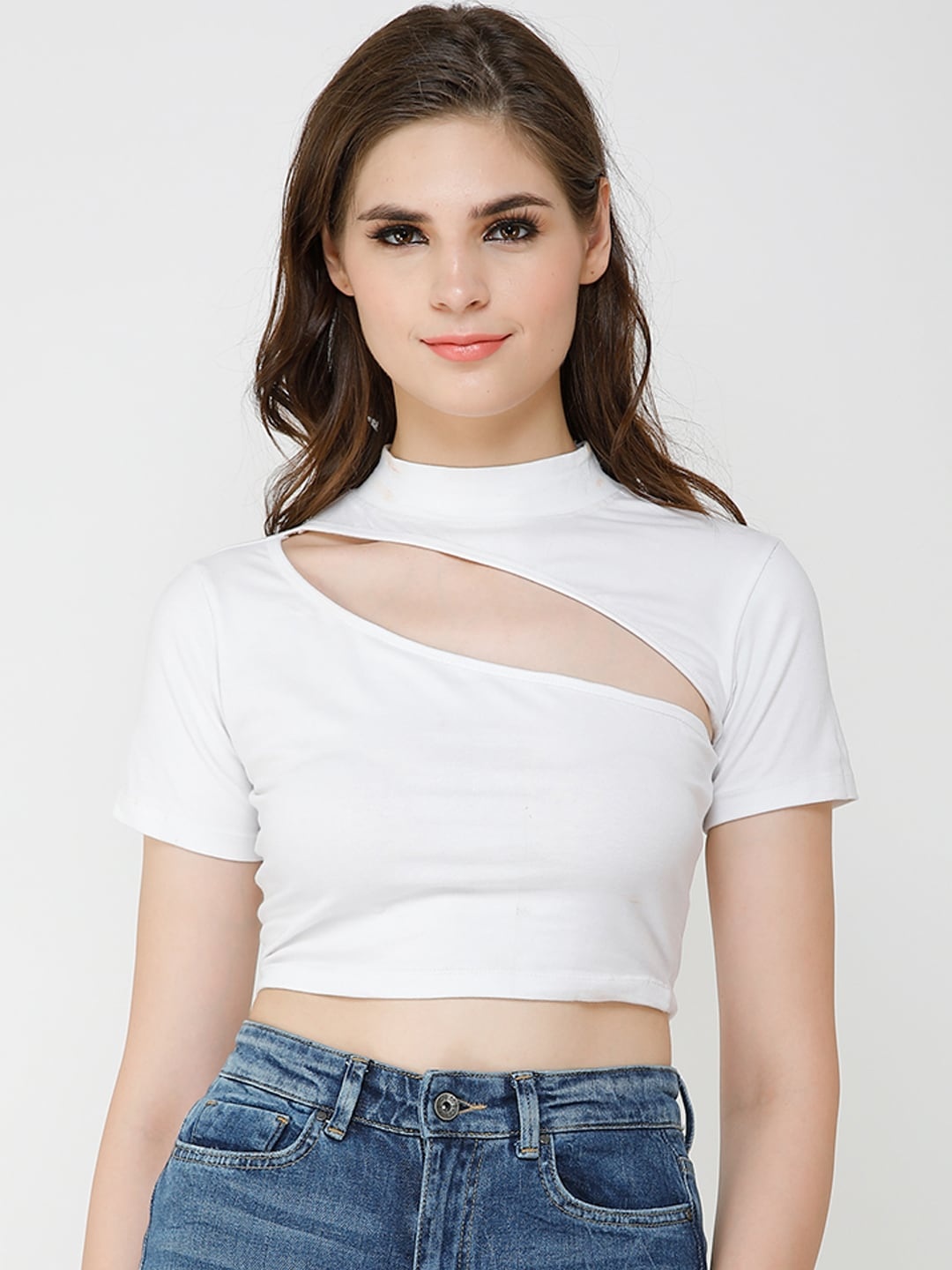 

Cation Women White Solid Crop Pure Cotton Top