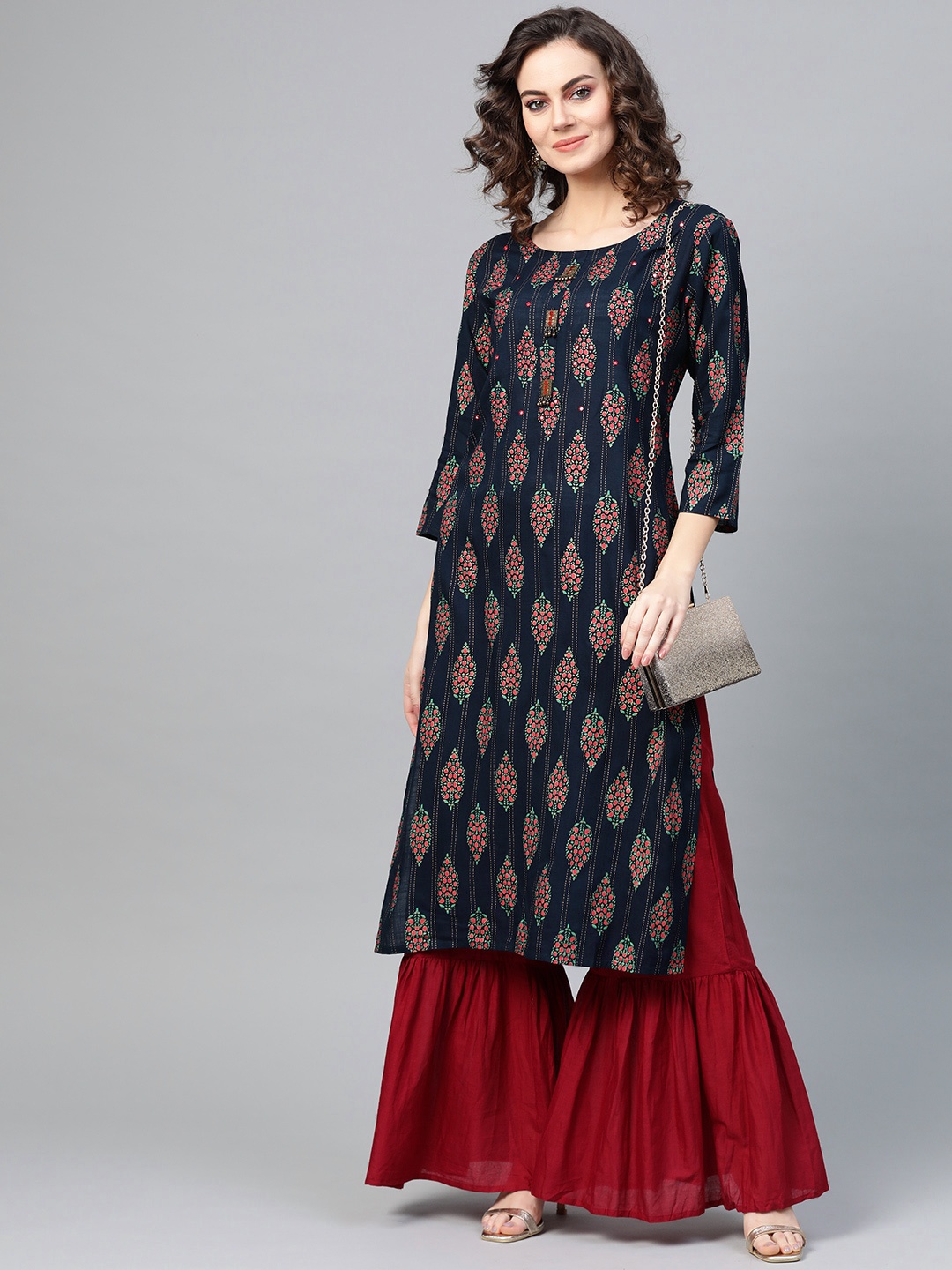 

ANAISA Women Navy Blue & Pink Foil Print Straight Kurta