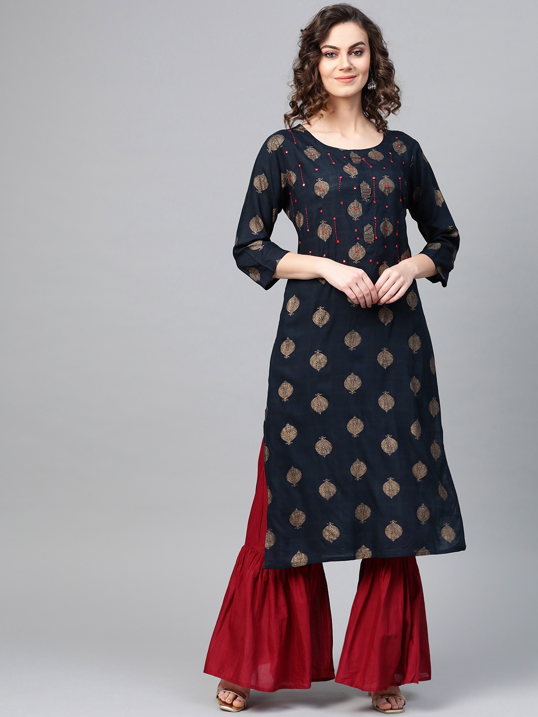 

ANAISA Women Navy Blue & Golden Foil Print Straight Kurta