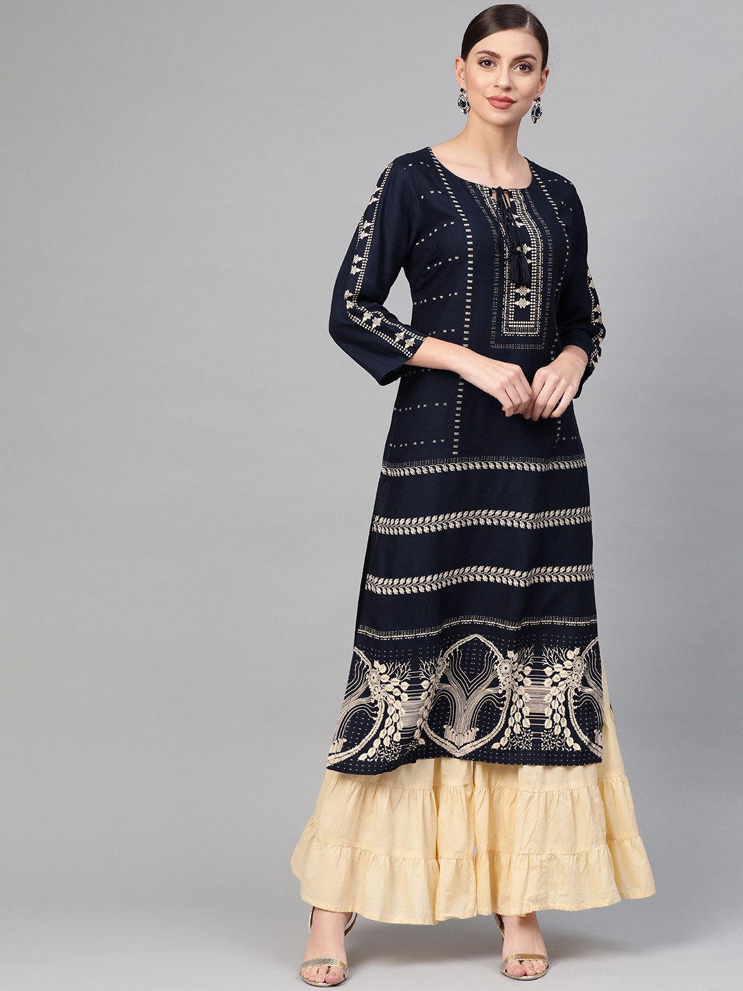 

ANAISA Women Navy Blue & Beige Printed Straight Kurta