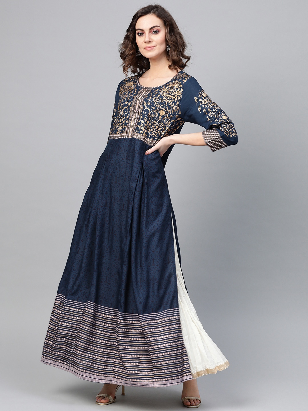 

ANAISA Women Navy Blue & Golden Printed A-Line Kurta
