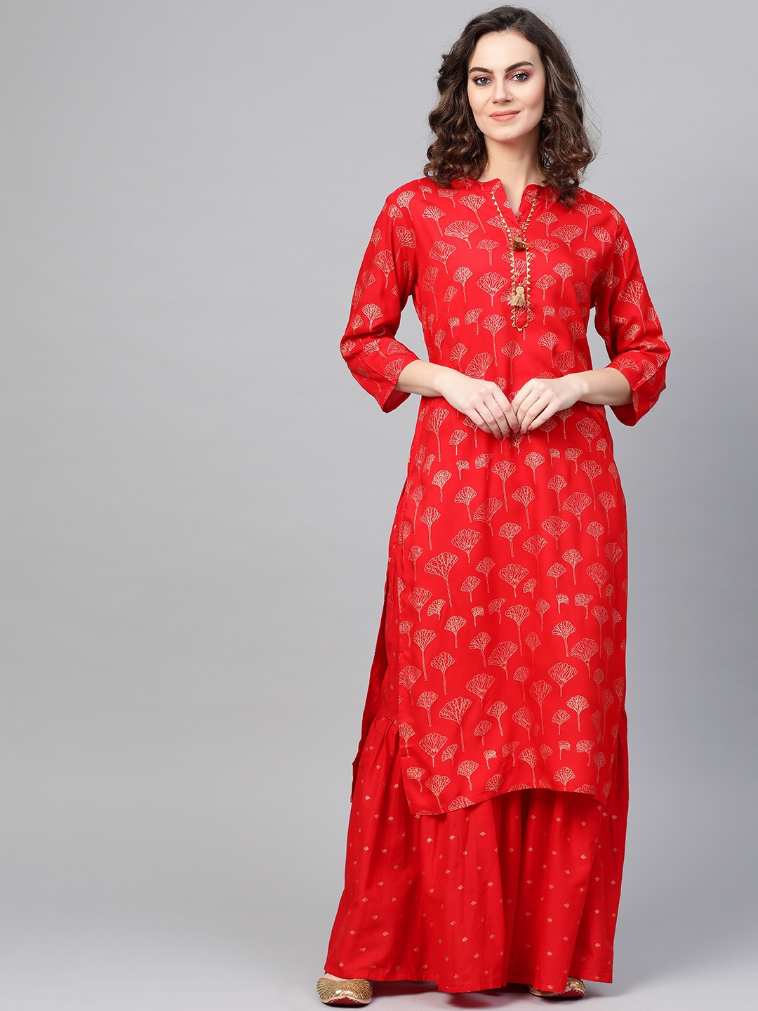 

ANAISA Women Red & Golden Foil Printed Kurta with Sharara
