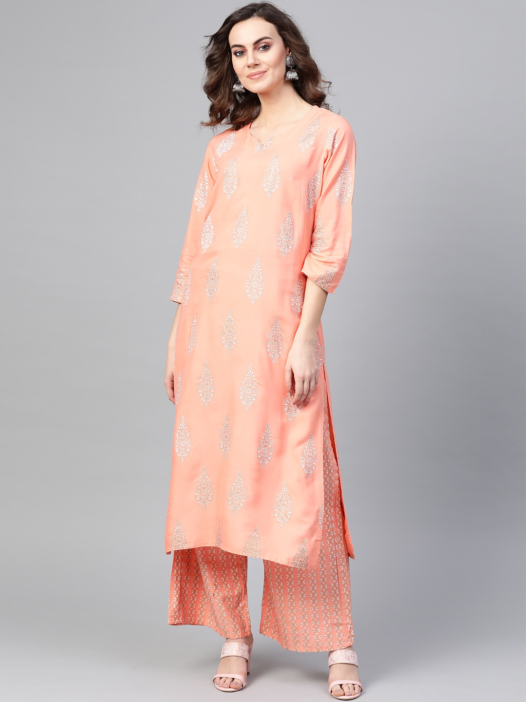 

ANAISA Women Peach-Coloured & White Printed Kurta with Palazzos