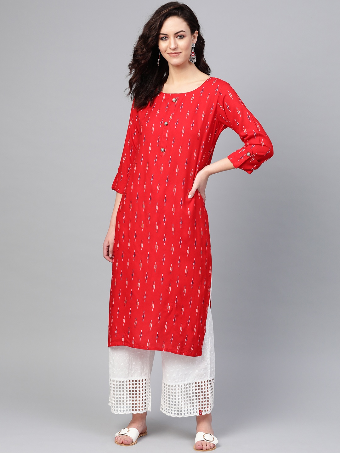 

ANAISA Women Red & Off-White Printed Straight Kurta