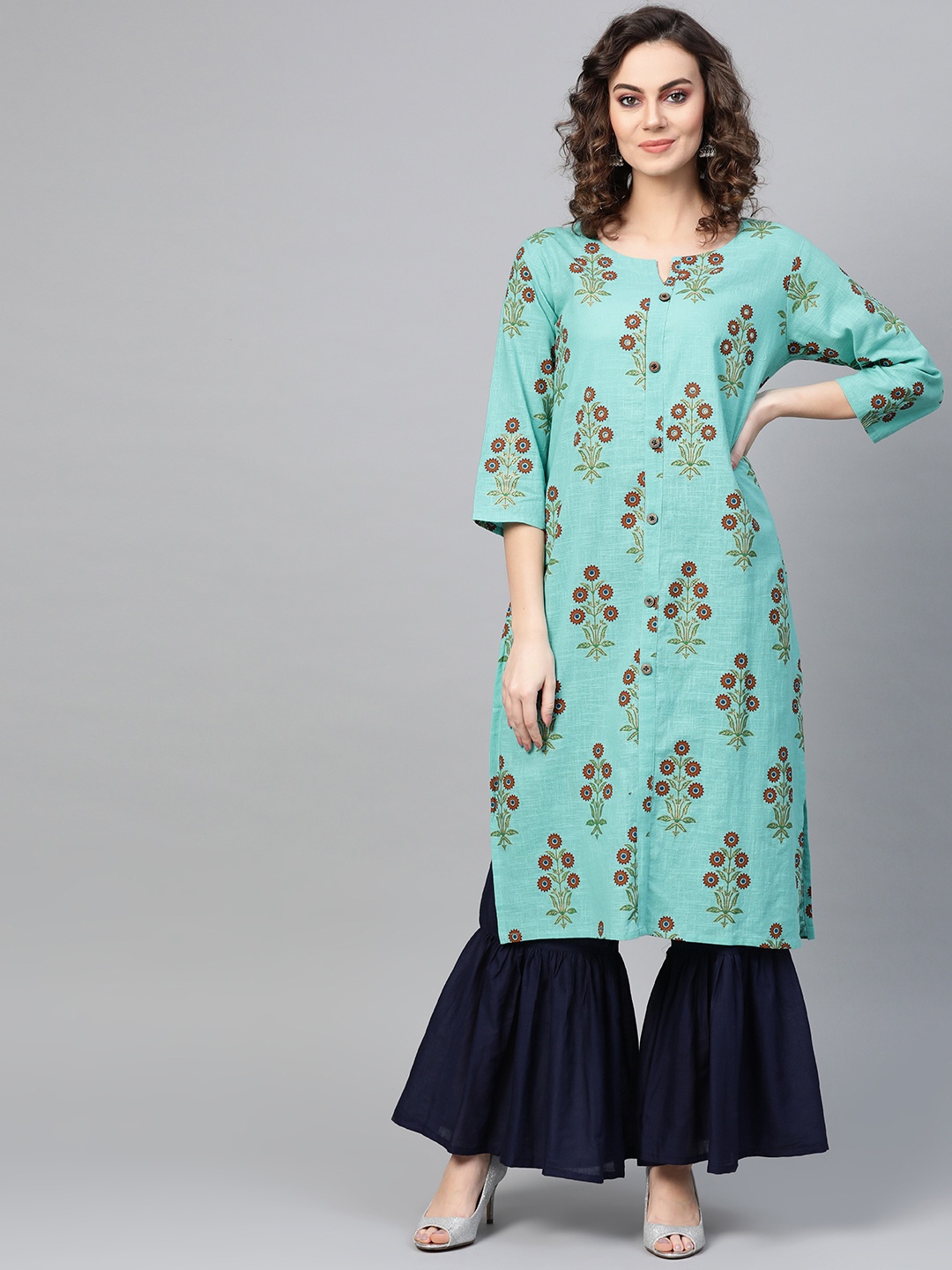 

ANAISA Women Blue & Rust Orange Foil Print Straight Kurta