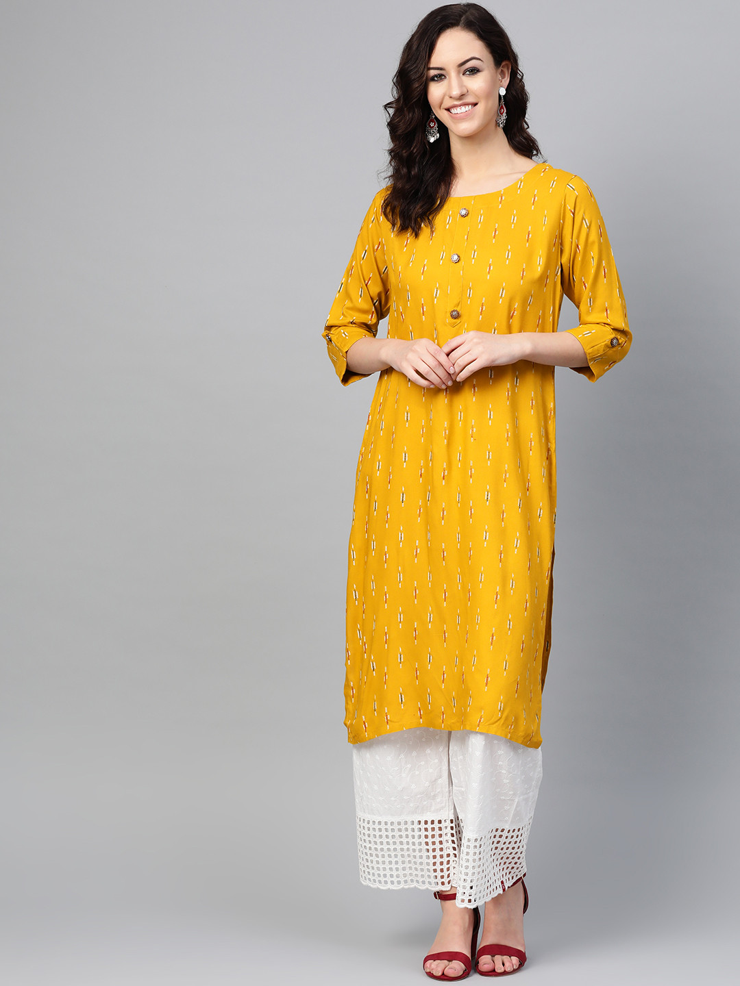 

ANAISA Women Mustard Yellow & Red Printed Straight Kurta