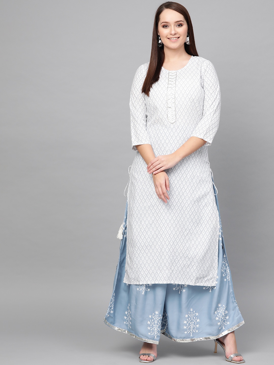 

ANAISA Criss-Cross Screen Print Gotta Kurta Set, White