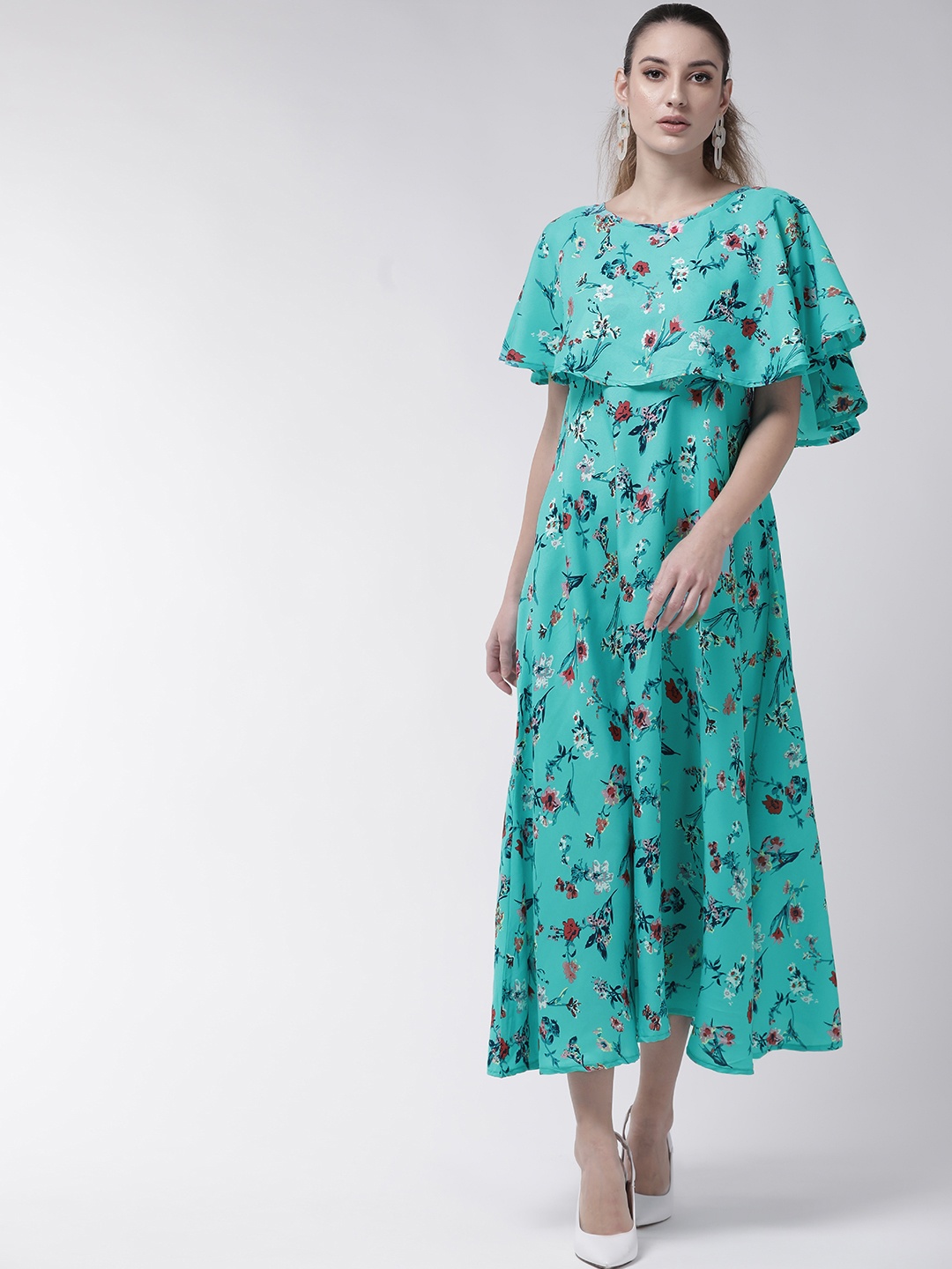 

U&F Women Sea Green & Pink Floral Print Maxi Dress