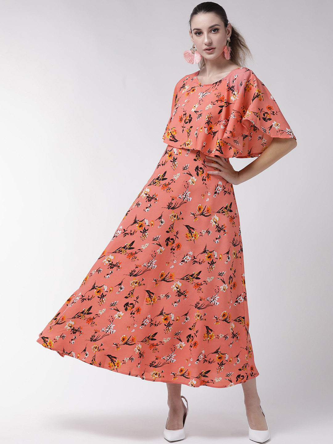 

U&F Women Peach-Coloured & Coffee Brown Floral Print Maxi Dress